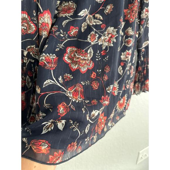 Modest High Neck Floral Bell Sleeve Top Medium Gold Threads Navy Blue Demure - Picture 3 of 7
